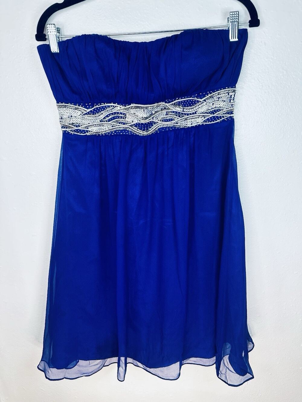 J S Boutique Size 8 Blue Silk Strapless Fit Flare Mini Beaded Y2K Cocktail Dress